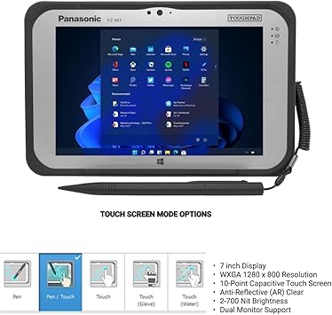 Panasonic Toughpad FZ-M1 MK3, Rugged Tablet, 7'' WXGA Touch Screen with Stylus, Core i5-7Y57, 8GB, 128GB SSD, 4G LTE, Windows 11 Pro (Renewed)