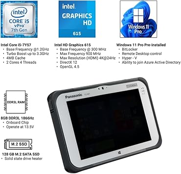 Panasonic Toughpad FZ-M1 MK3, Rugged Tablet, 7'' WXGA Touch Screen with Stylus, Core i5-7Y57, 8GB, 128GB SSD, 4G LTE, Windows 11 Pro (Renewed)