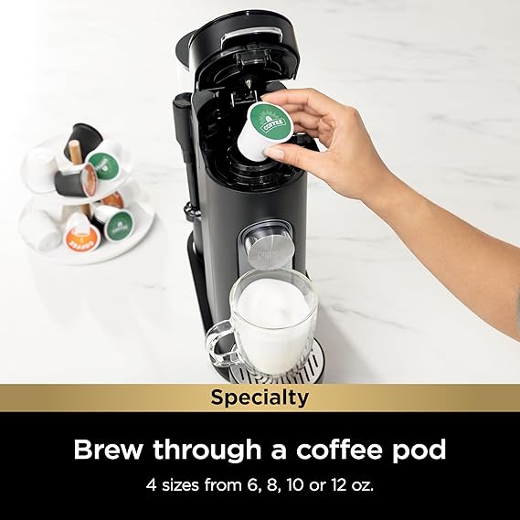 Ninja PB051 Pods & Grounds Specialty Single-Serve Coffee Maker, K-Cup Pod Compatible, Built-In Milk Frother, 6-oz. Cup to 24-oz. Travel Mug Sizes, Black (Renewed)