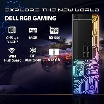 Dell Gaming OptiPlex Desktop RGB Computer PC, Intel Core i5, AMD RX 550 4GB GDDR5, 16GB RAM, 512GB SSD, 24 Inch HDMI Monitor, RGB Keyboard Mouse and Headset, WiFi, Windows 10 Pro (Renewed)