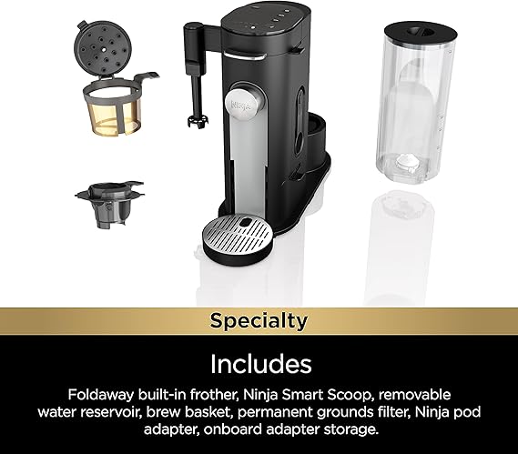 Ninja PB051 Pods & Grounds Specialty Single-Serve Coffee Maker, K-Cup Pod Compatible, Built-In Milk Frother, 6-oz. Cup to 24-oz. Travel Mug Sizes, Black (Renewed)