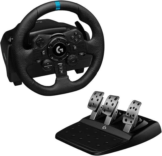 Logitech G923 Racing Wheel and Pedals for PS 5, PS4 and PC featuring TRUEFORCE up to 1000 Hz Force Feedback, Responsive Pedal, Dual Clutch Launch Control, and Genuine Leather Wheel Cover (Renewed)