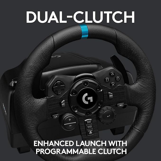 Logitech G923 Racing Wheel and Pedals for PS 5, PS4 and PC featuring TRUEFORCE up to 1000 Hz Force Feedback, Responsive Pedal, Dual Clutch Launch Control, and Genuine Leather Wheel Cover (Renewed)