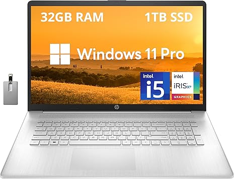 HP 17.3" IPS FHD Laptop, Intel i5-1235U Processor, 32GB RAM, 1TB PCIe SSD, Backlit Keyboard, Intel Iris Xe Graphics, Wi-Fi, Bluetooth, HDMI, Win 11 Pro, Silver, 32GB Hotface USB Card (Renewed)