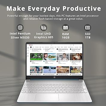 HP 15.6" HD Everyday Laptop, Intel Pentium Silver N5030, 16GB RAM, 1TB PCIe SSD, Intel UHD Graphics 605, Island-Style Keyboard, HP Fast Charge, HD Camera, Win 11, Blue, 32GB Hotface USB Card (Renewed)