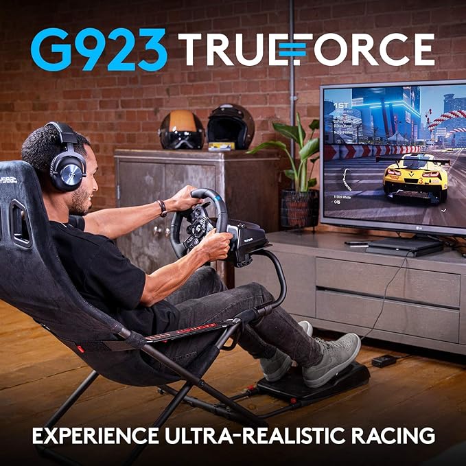 Logitech G923 Racing Wheel and Pedals for PS 5, PS4 and PC featuring TRUEFORCE up to 1000 Hz Force Feedback, Responsive Pedal, Dual Clutch Launch Control, and Genuine Leather Wheel Cover (Renewed)