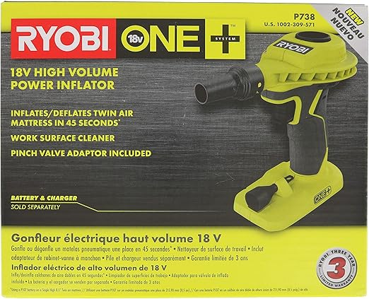 Ryobi P738 18V One+ Lithium Ion 18V One+ High Volume Power Inflator / Deflator for Mattresses and Recreational Inflatables (Renewed)